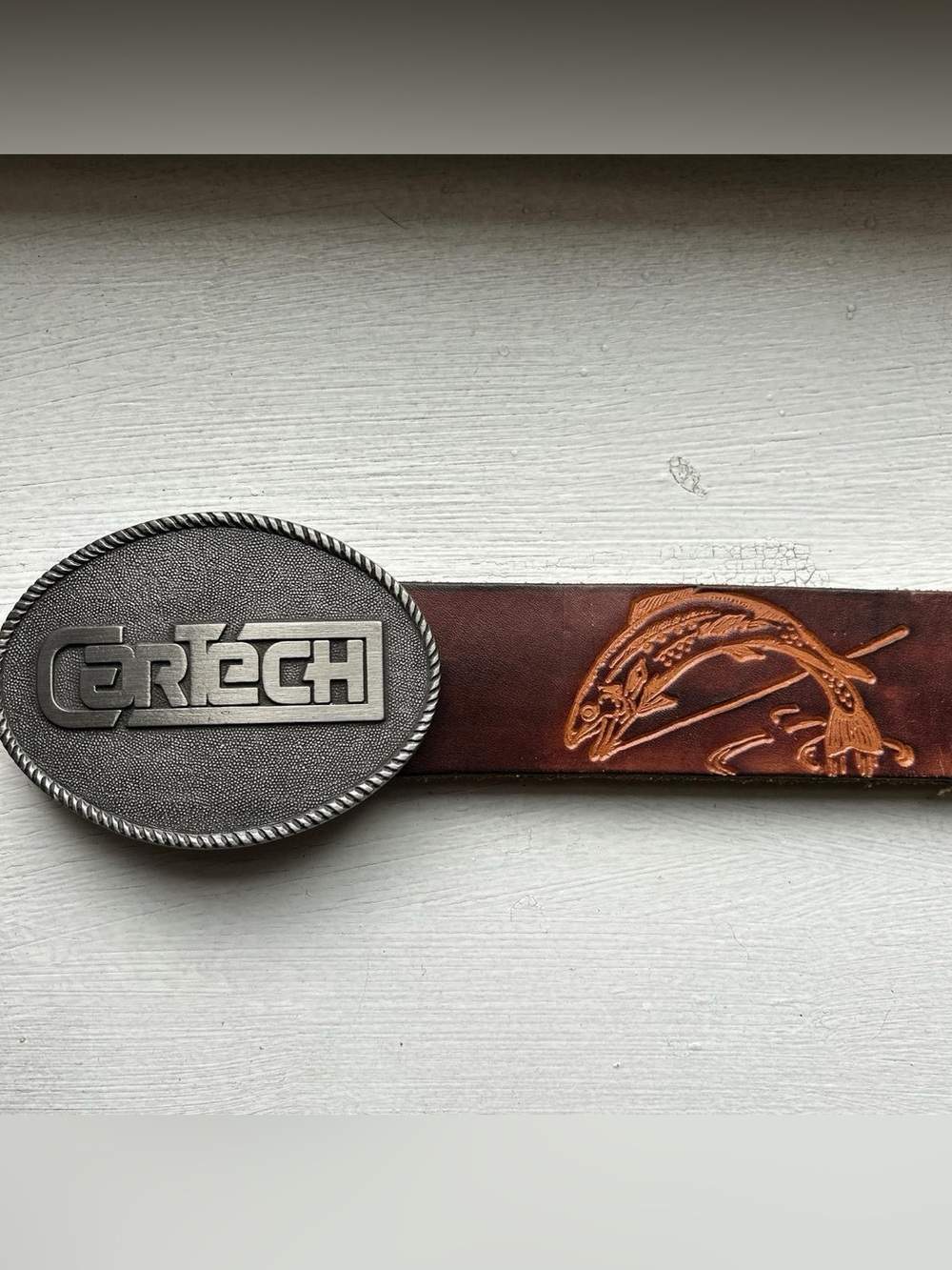 Vintage Brown Belt Fish Embossed Leather Silver CarTech Buckle
